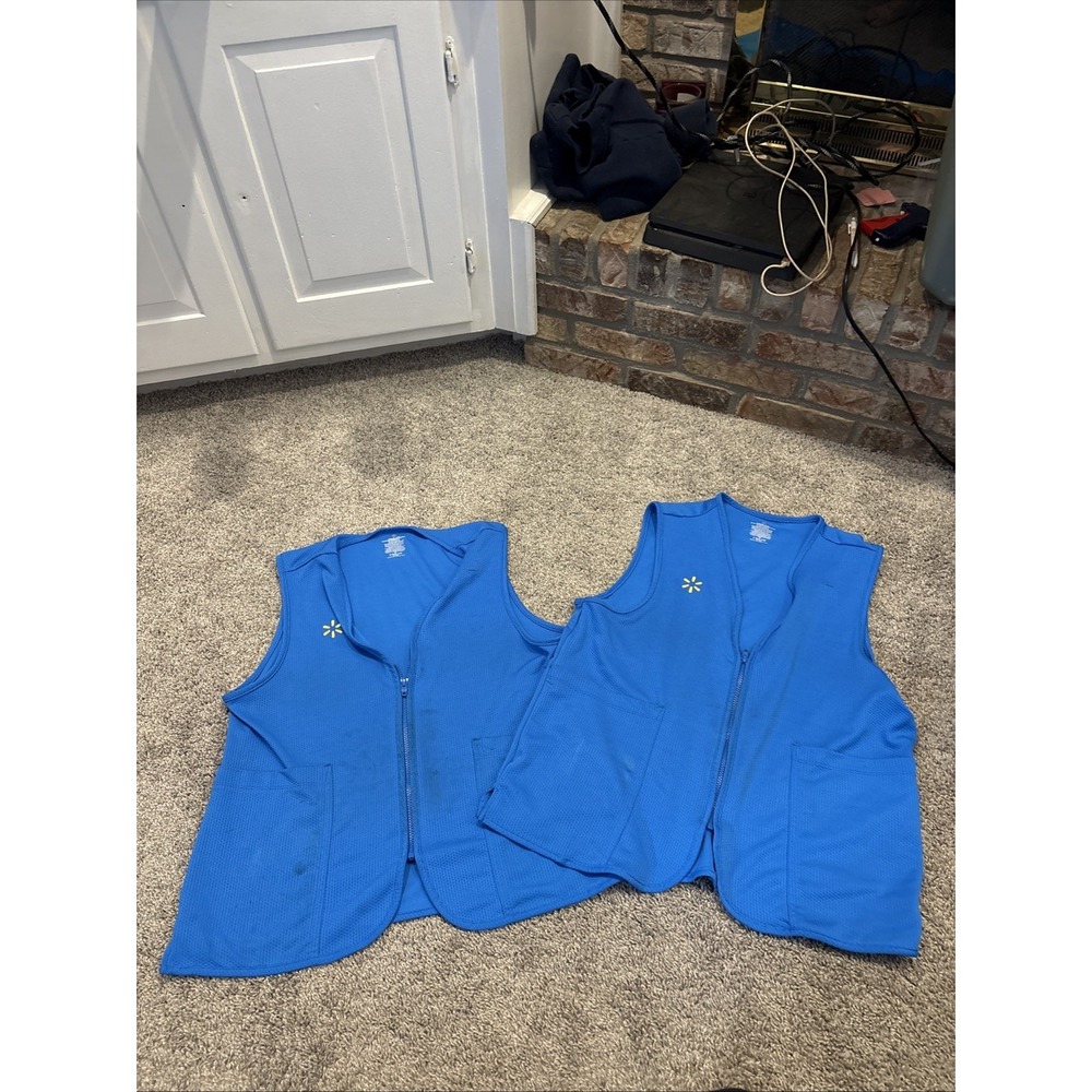 2 LOT Walmart Employee Uniform Vest Women Large L Blue Zip-Up Pockets Spark Logo